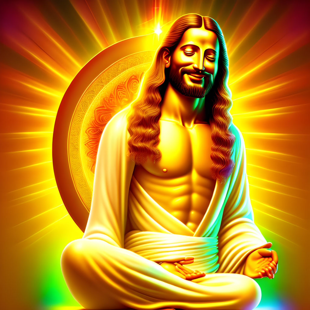 Colorful Stylized Image of Meditative Figure with Halo and Long Hair