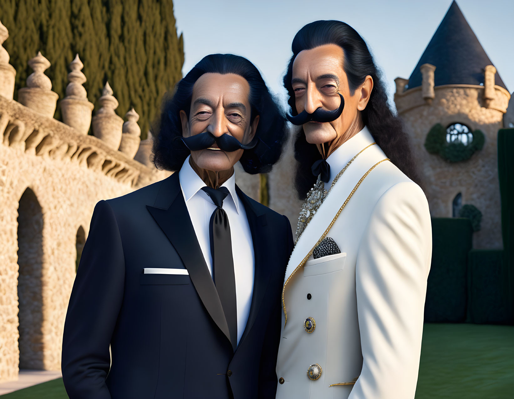 Exaggerated moustached figures in suits at castle