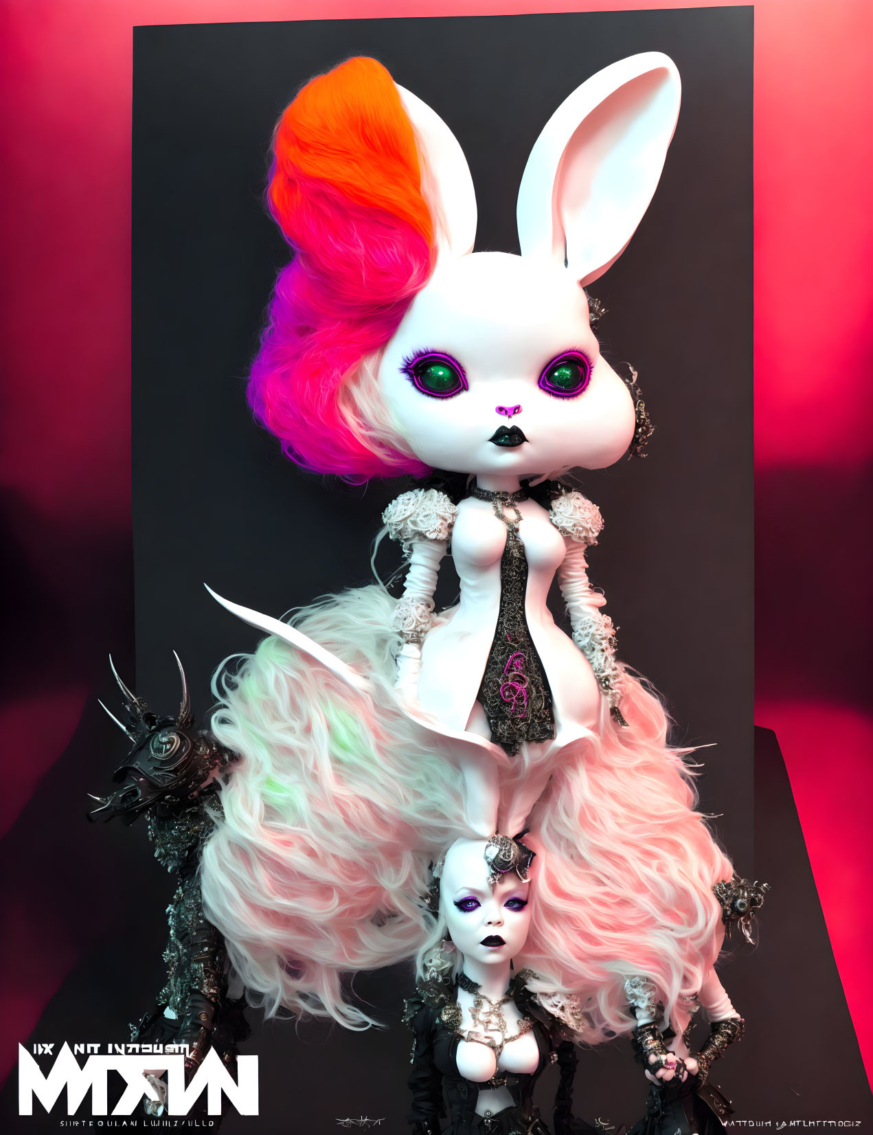 Colorful humanoid rabbit figure holding smaller similar figure in detailed attire