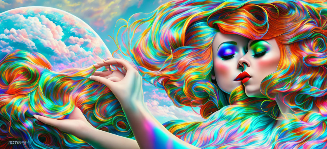 Colorful digital artwork of woman with multicolored hair against cloudy backdrop.