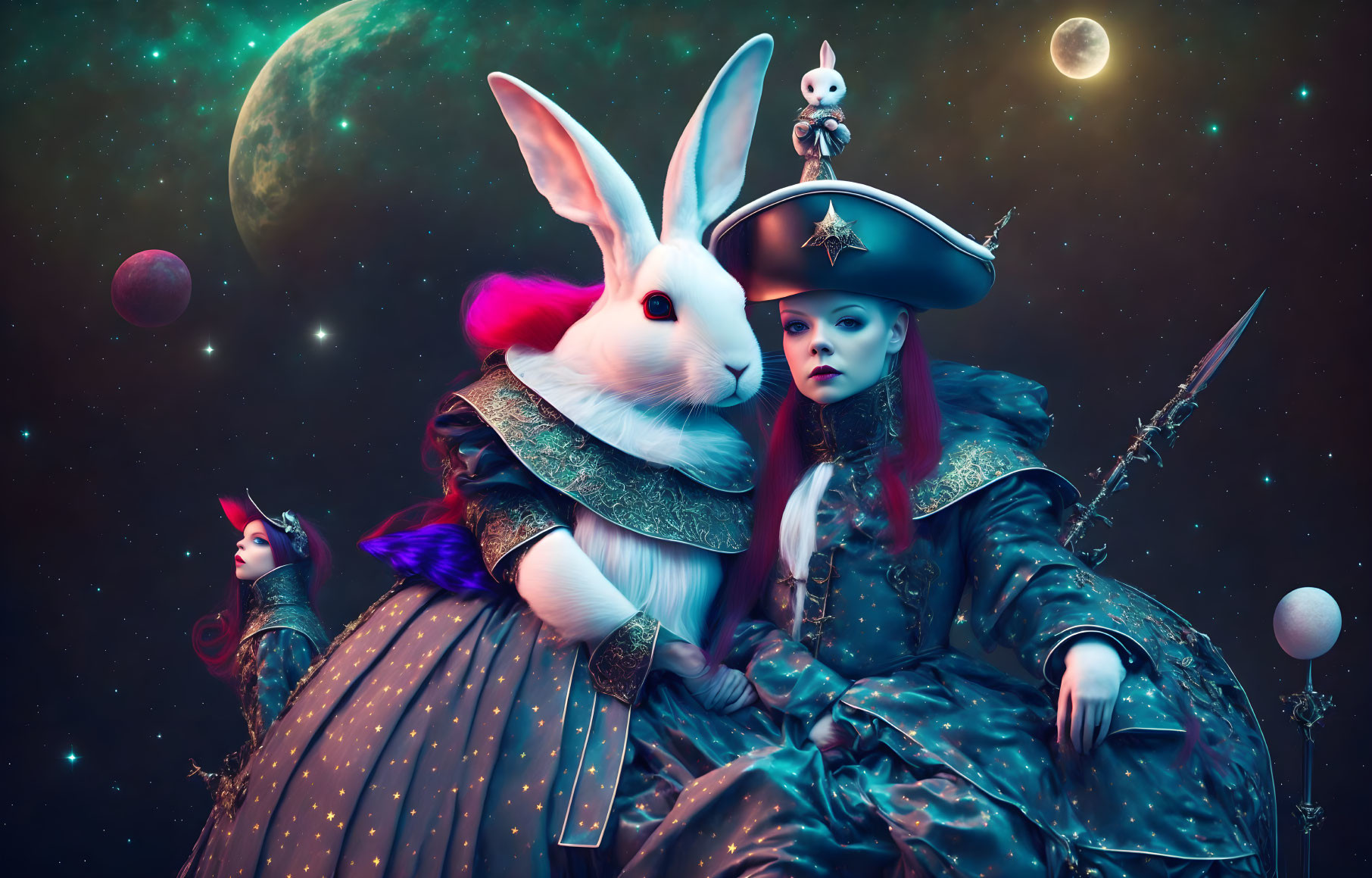 Surreal portrait of person in pirate attire with rabbit head in cosmic setting