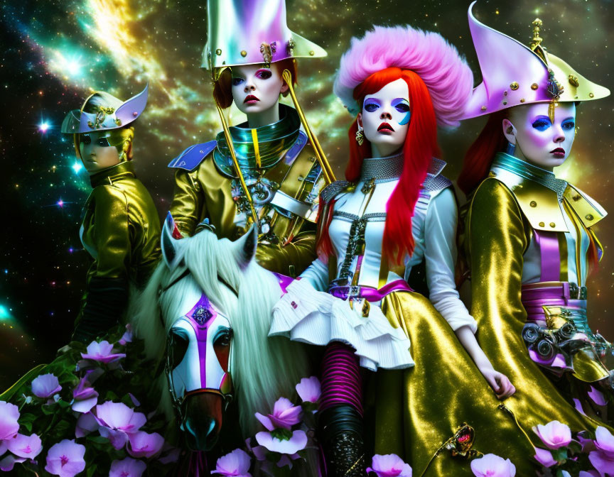 Four individuals in futuristic costumes with a white horse in a vibrant sci-fi scene