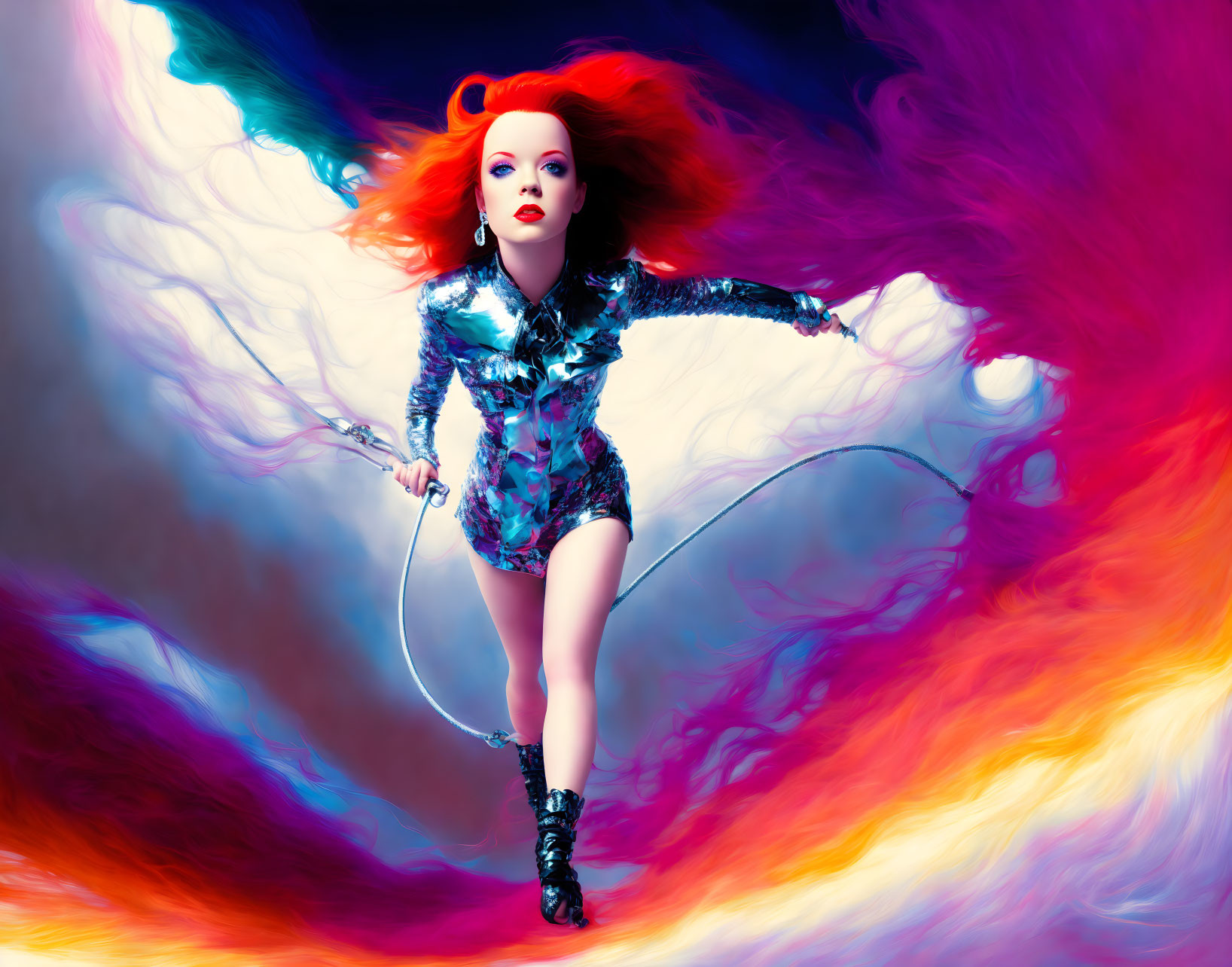 Vibrant Red-Haired Woman Jumping Rope in Colorful Swirl