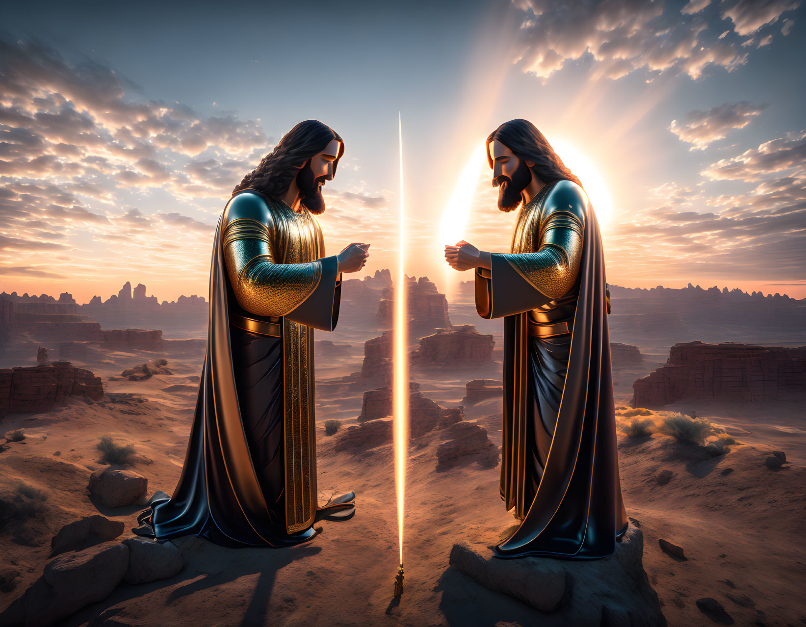 Identical figures with glowing swords in desert landscape