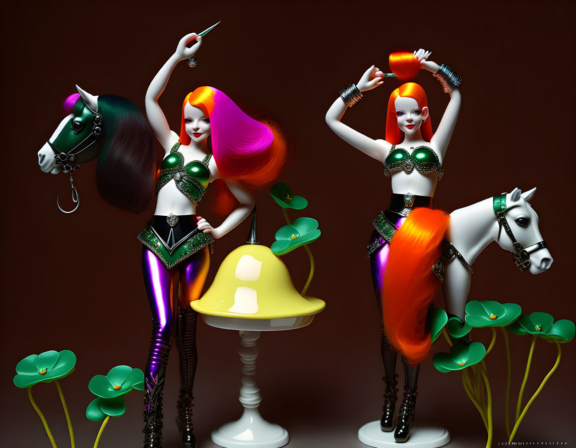 Stylized female figures in vibrant circus costumes with exaggerated makeup and circus horses on a clover-themed