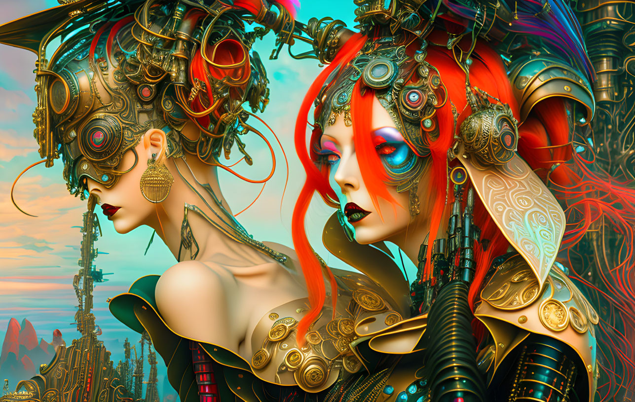 Steampunk-style Female Figures with Mechanical Headgear and Red Hair