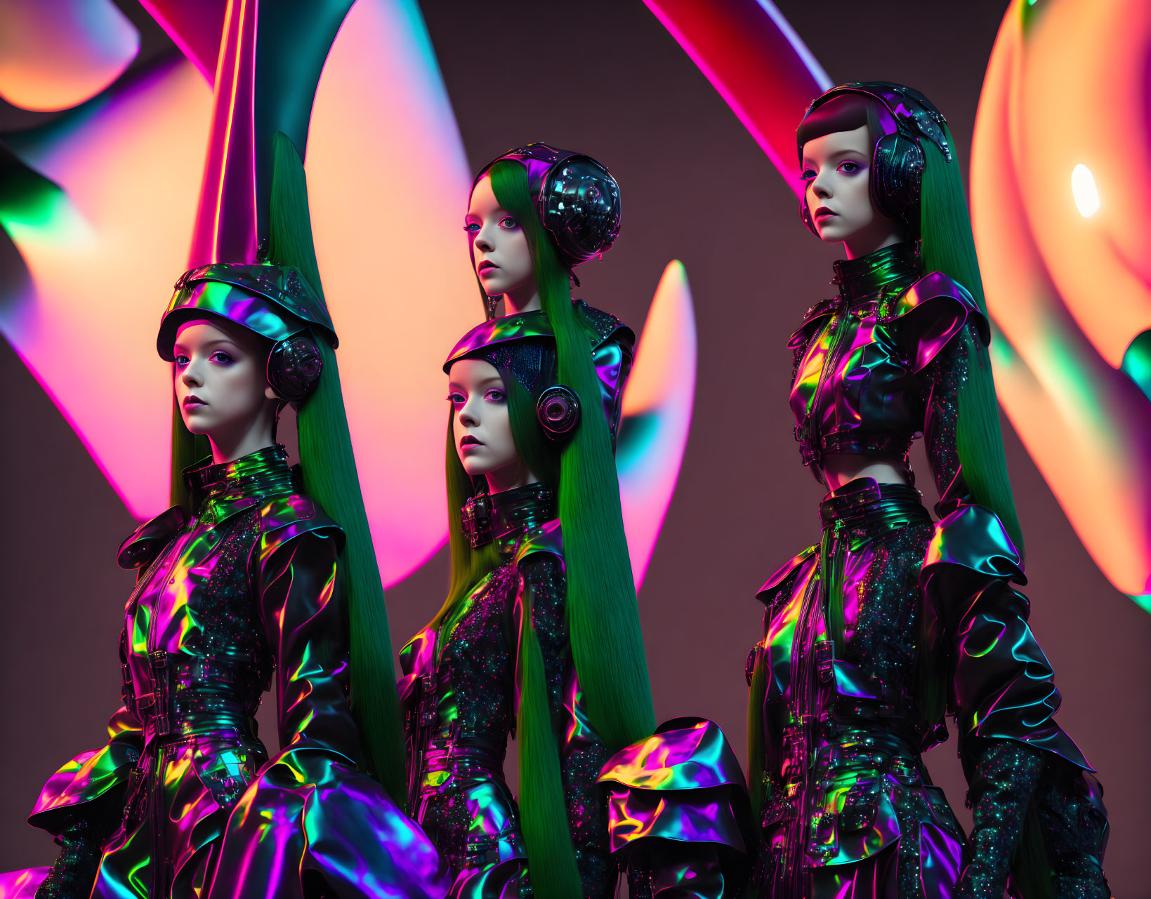 Four futuristic mannequins in glossy outfits and elaborate headpieces against colorful abstract backdrop