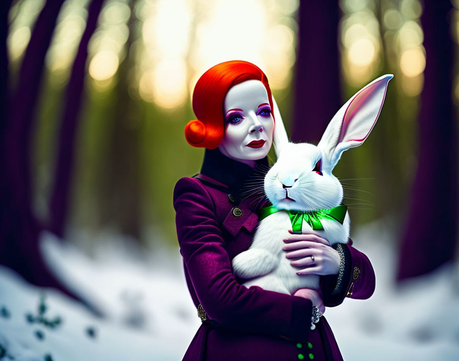 Red-haired woman in purple coat holding white rabbit in snowy forest