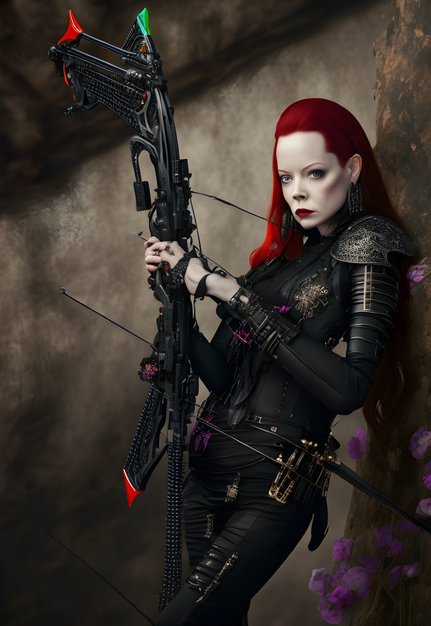 Striking red-haired woman in black armor with compound bow