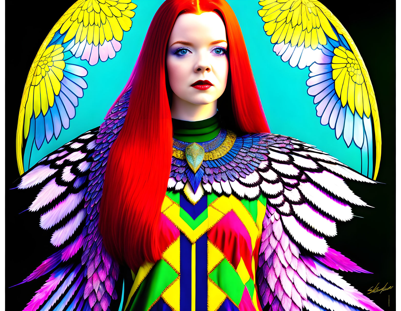 Colorful digital artwork: red-haired woman in geometric attire with stylized wings on blue backdrop