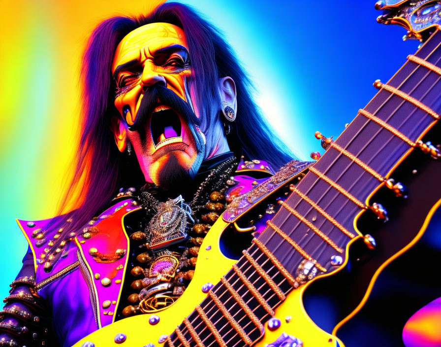 Colorful person in rockstar attire screams with multi-neck guitar