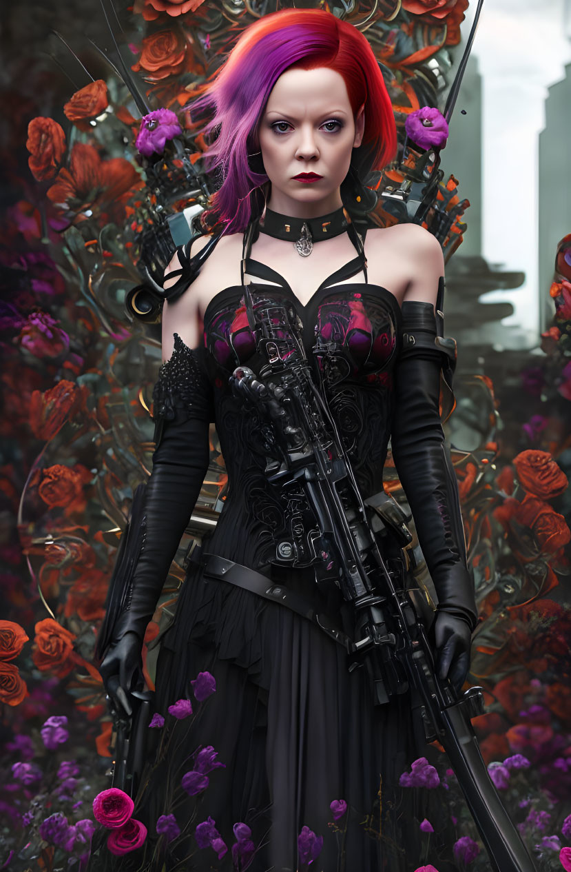 Vibrant pink-haired woman in gothic attire with black rifle among crimson and purple flowers