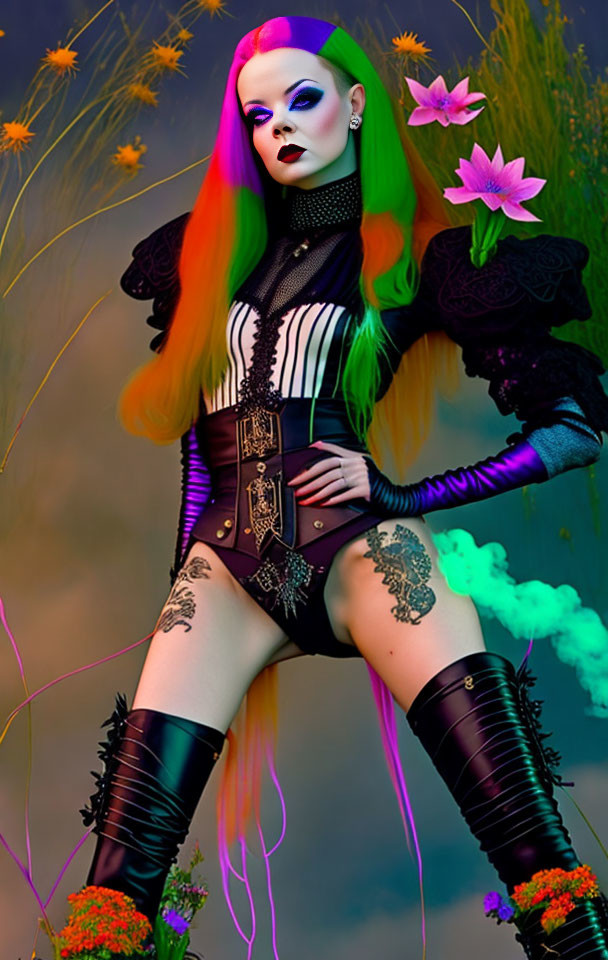 Vibrant rainbow hair woman in gothic makeup, corset, and boots in mystical fog with