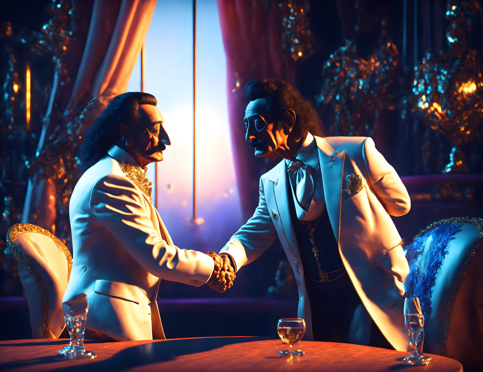 Formal attire men shaking hands at luxurious table under dim lighting