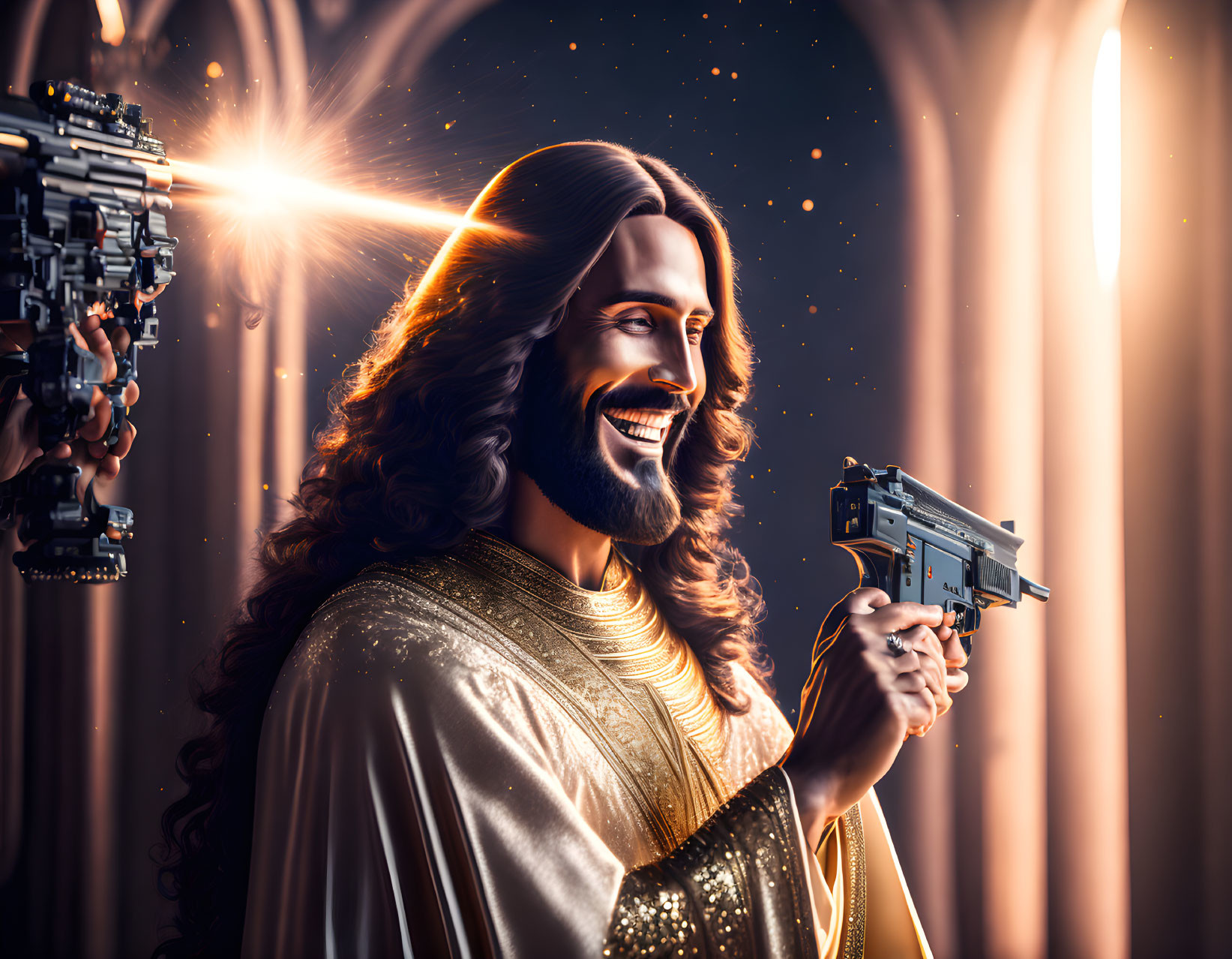 Man with Long Hair and Beard Smiling Holding Gun in Dramatic Lighting