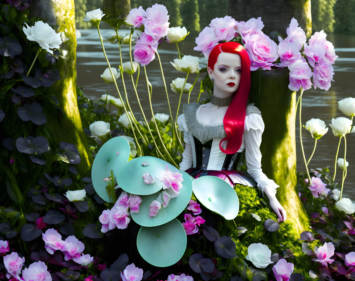 Red-haired woman in corseted dress surrounded by vibrant flora by a lake with frog on lily