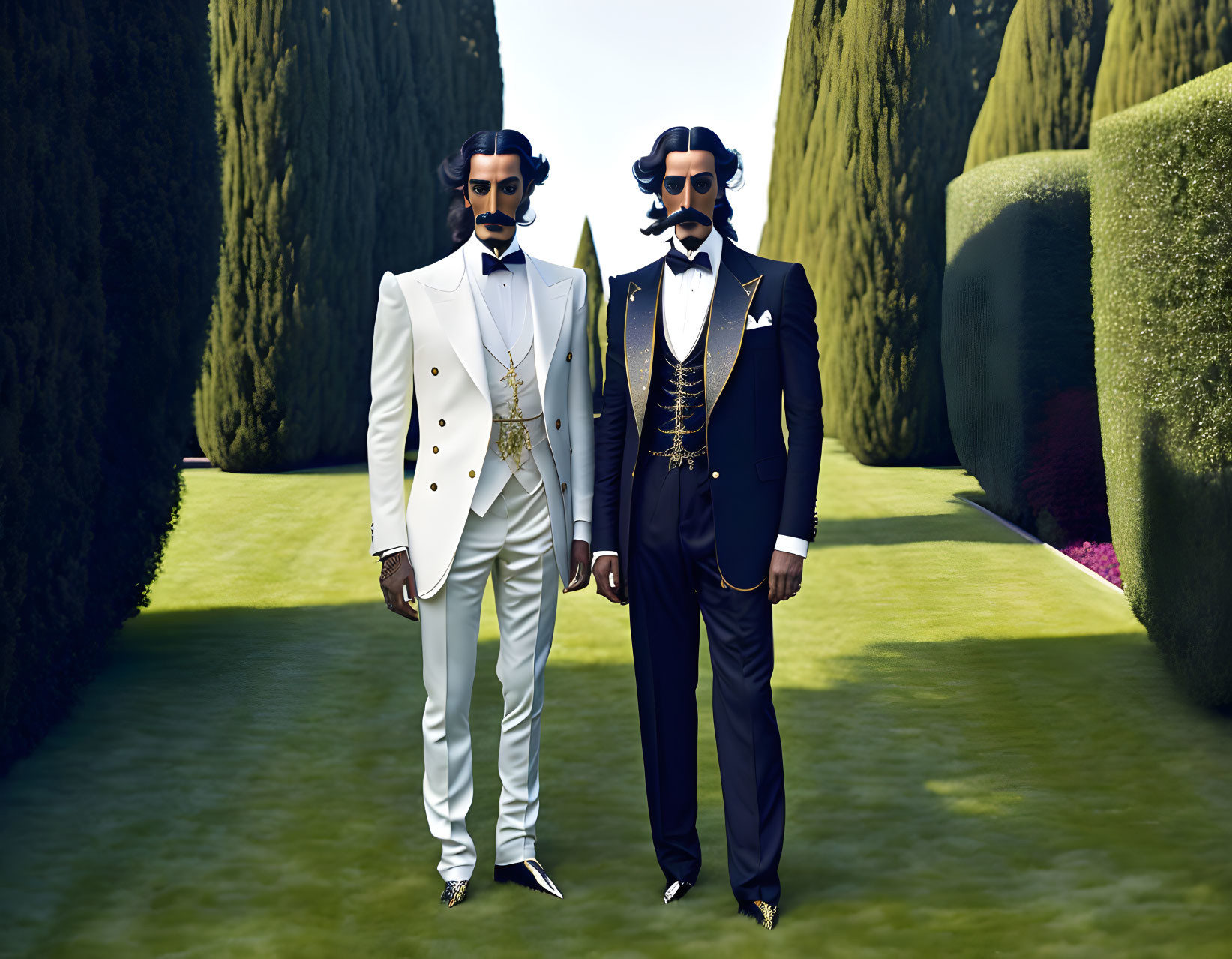 Elegantly dressed men in white and black suits with golden embroidery in manicured hedge garden