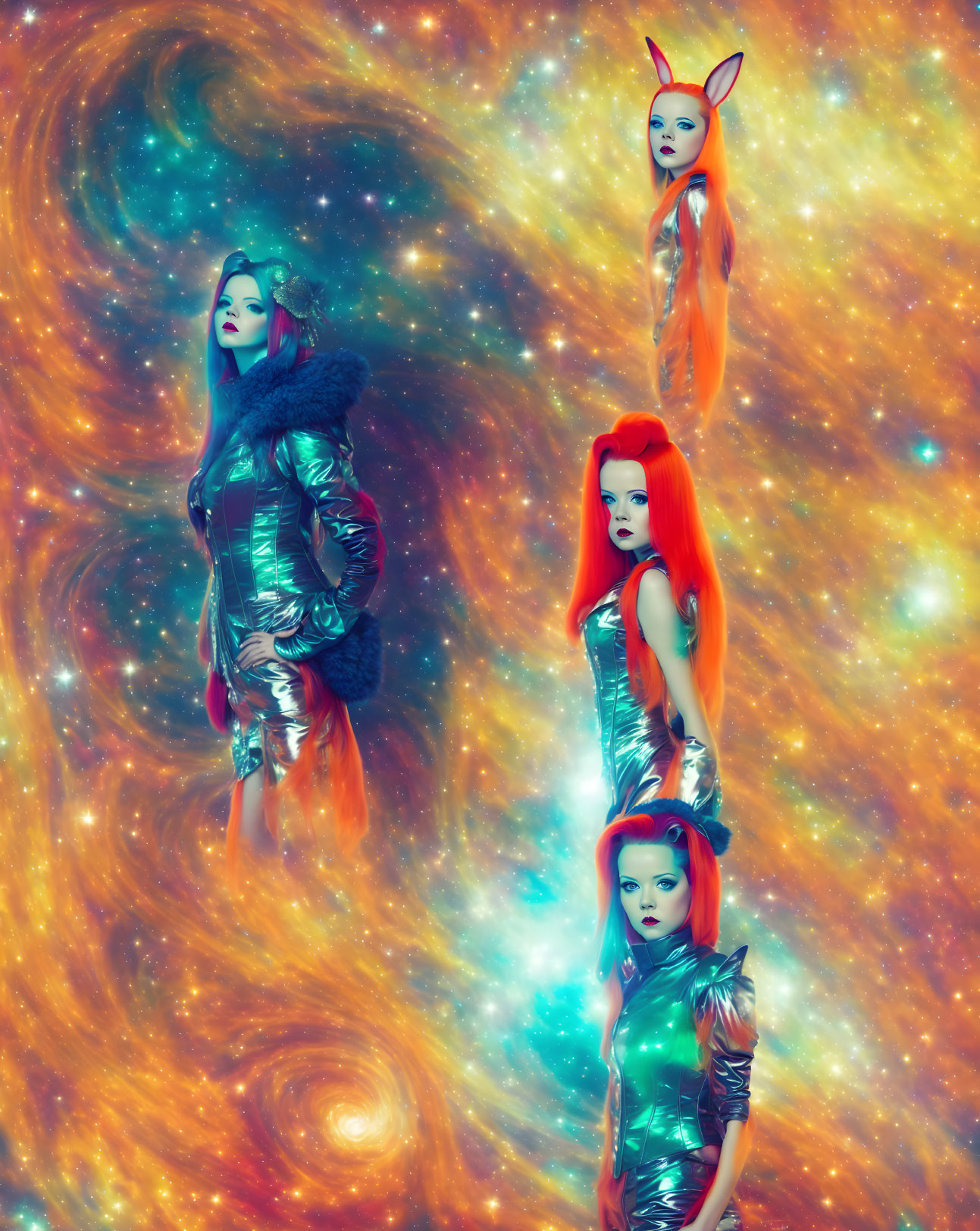 Four women in futuristic attire against galaxy backdrop