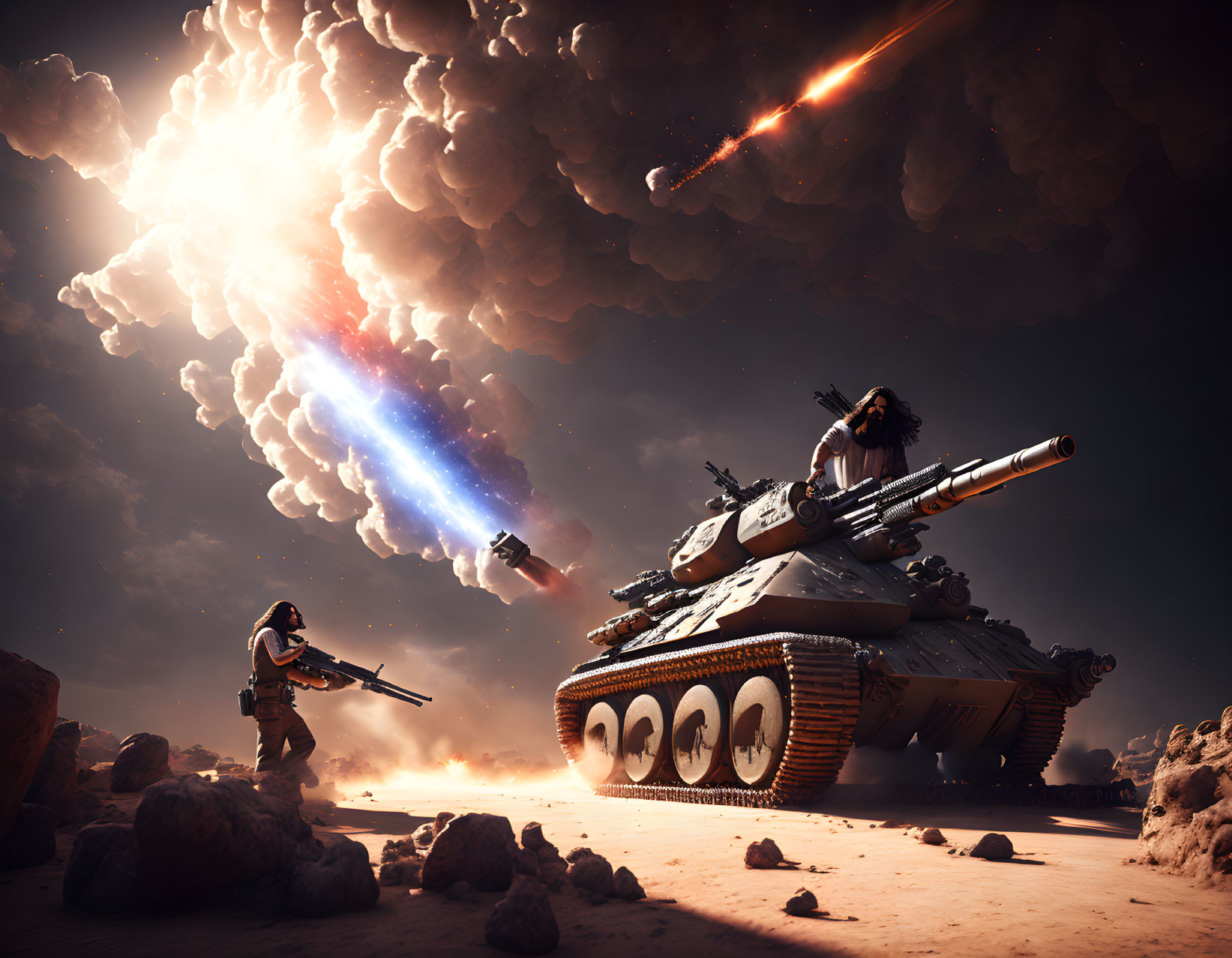 Futuristic battle scene with soldiers, tank, explosions in desert landscape