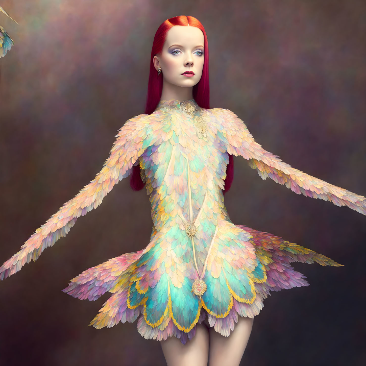 Digital artwork of woman with red hair in multicolored, feathered dress.