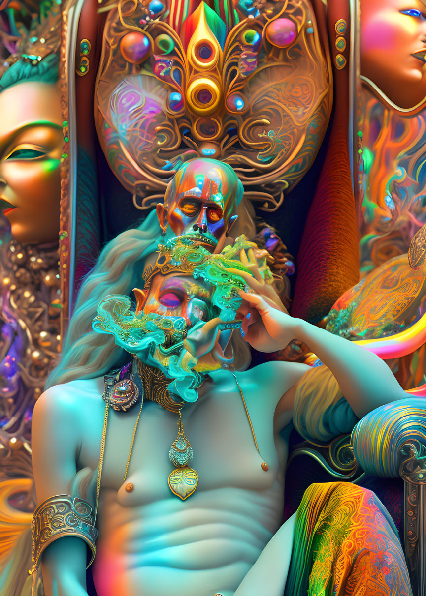 Colorful surreal portrait with elaborate facial ornaments and mask