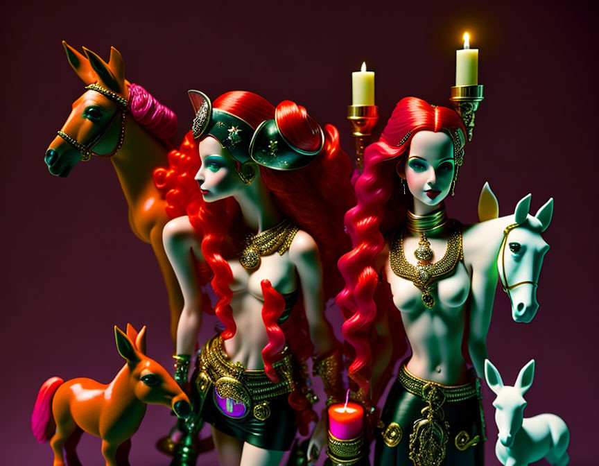 Fantasy illustration: Female character in red hair, golden armor, stylized horses, dramatic lighting