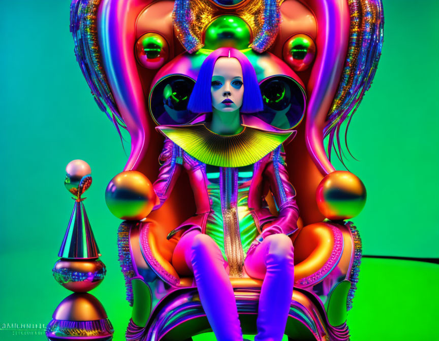 Futuristic female figure with blue hair in cyberpunk attire on neon-lit throne