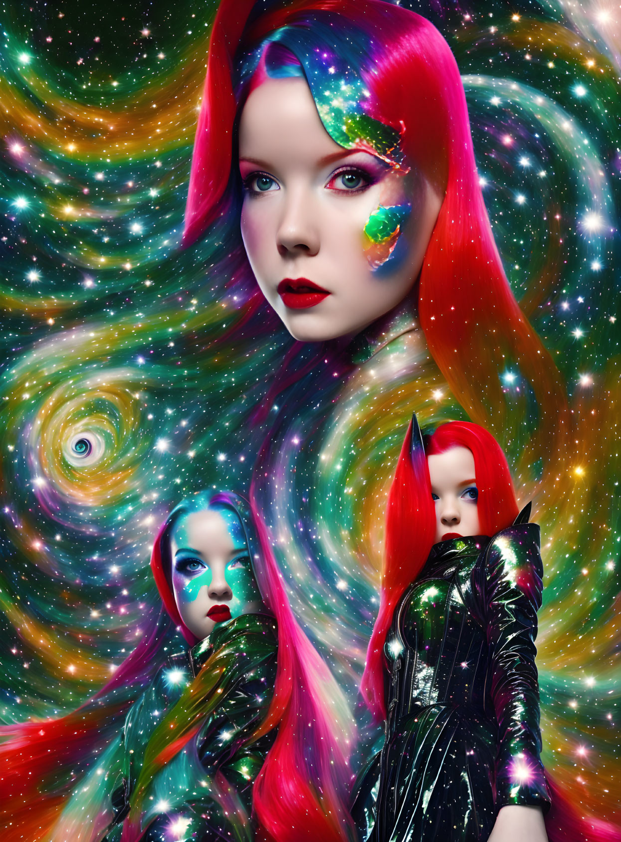 Digital Artwork: Three Figures in Cosmic Makeup against Galaxy Backdrop