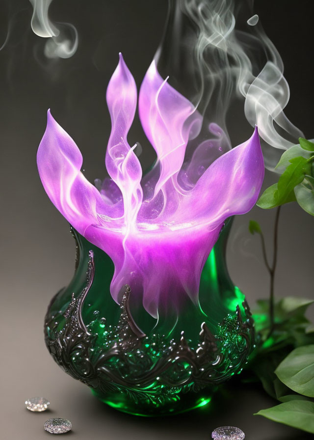 Purple Flame and Green Glass Vessel with Gemstones and Leaves