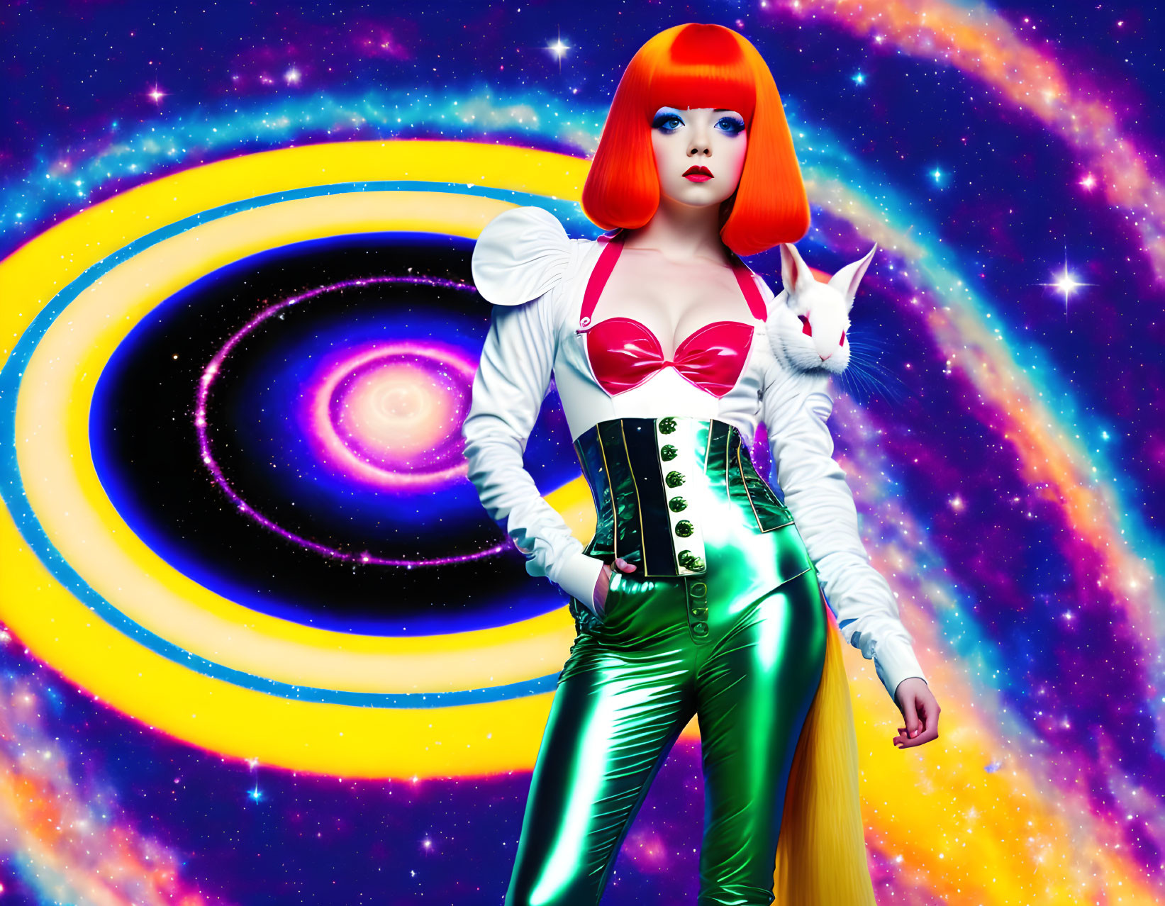 Bright red bob haircut woman with futuristic makeup holding a white cat against colorful space-themed background in green cor