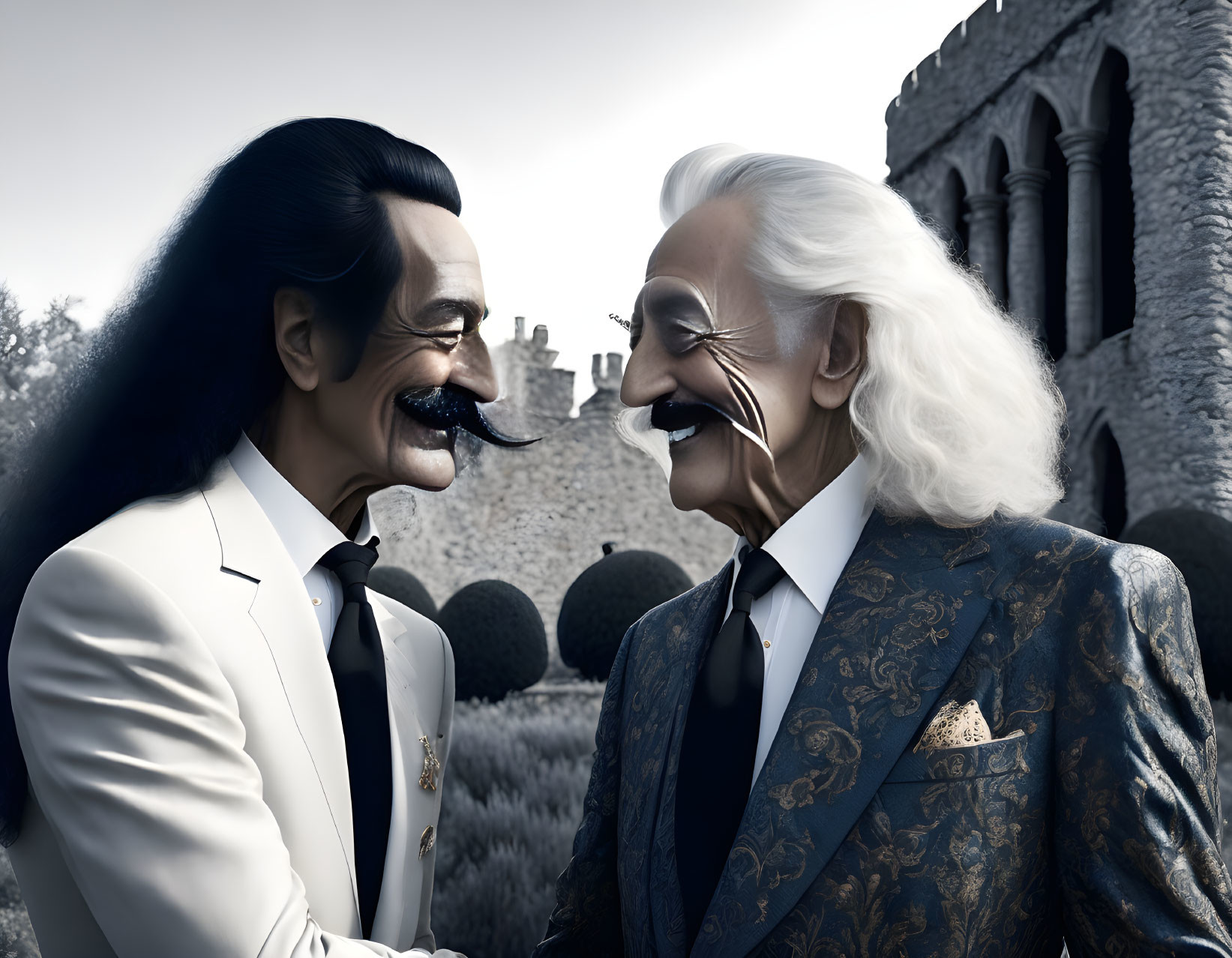 Exaggerated facial features men in suits interacting by a castle