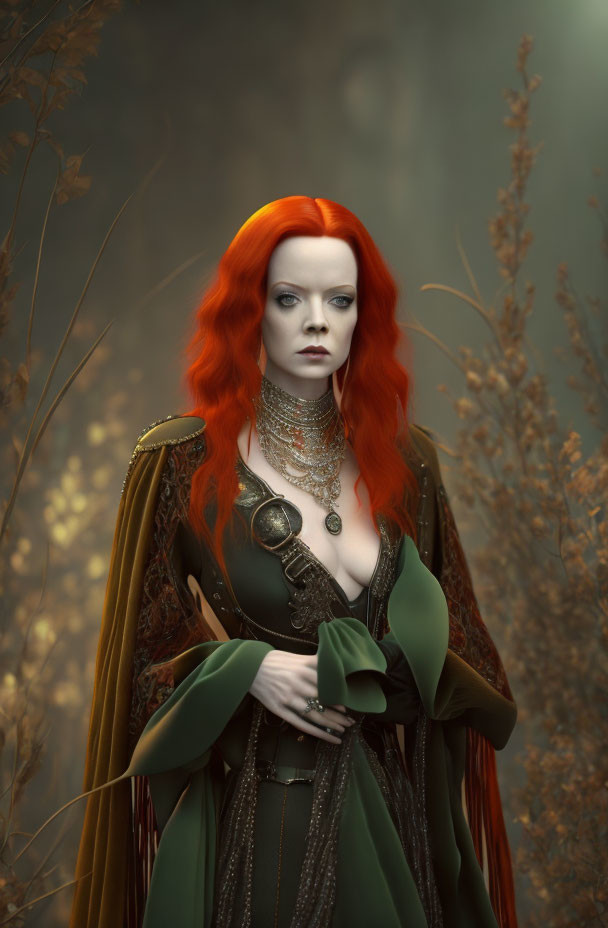 Vibrant red-haired woman in green and gold medieval attire against dry plant backdrop