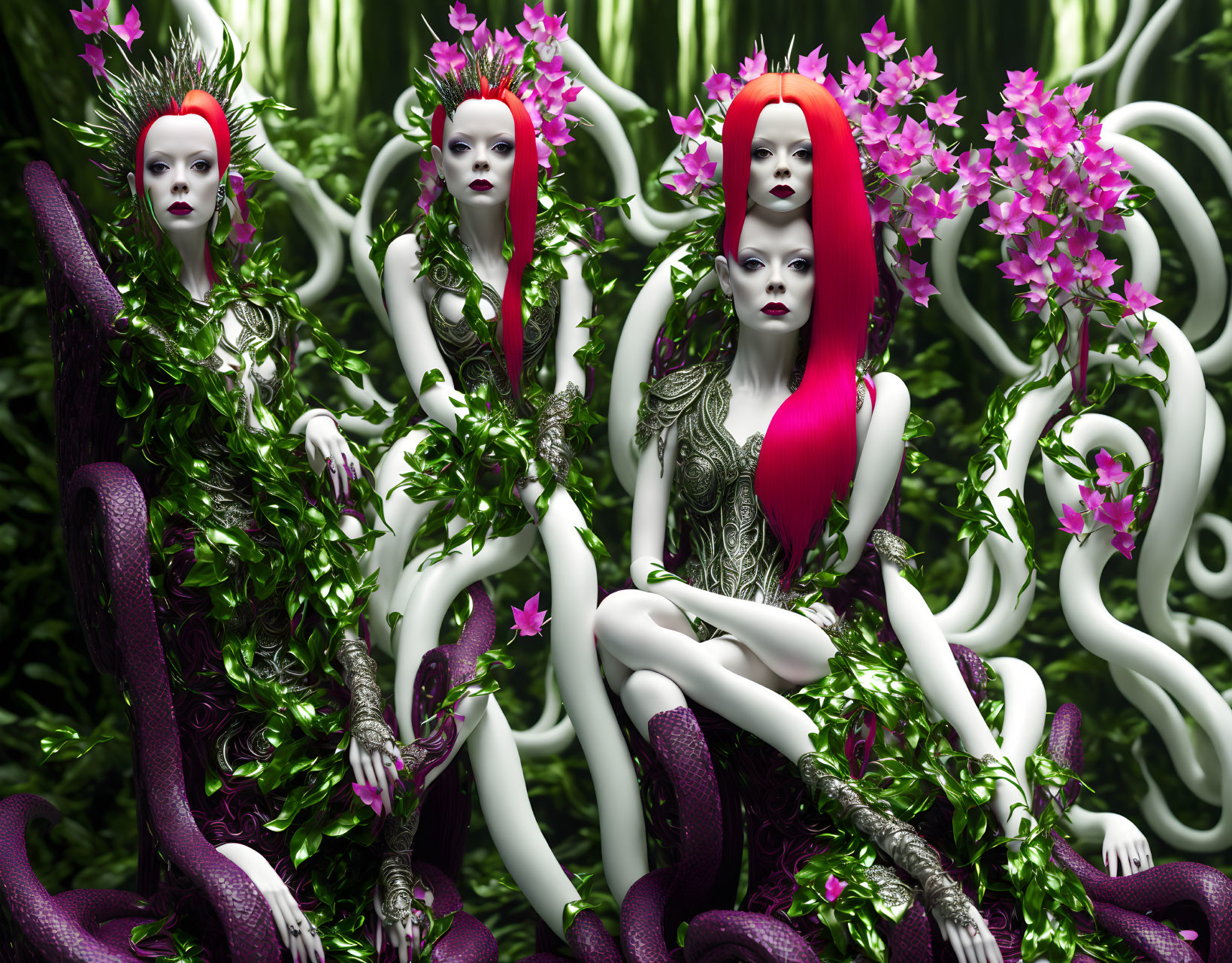 Four surreal female figures with red hair entwined with serpentine shapes in green setting