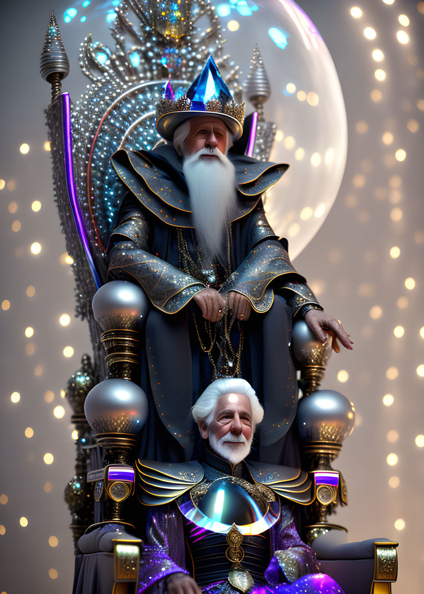 Wizard in Blue Robes on Throne with Moon and Stars Background