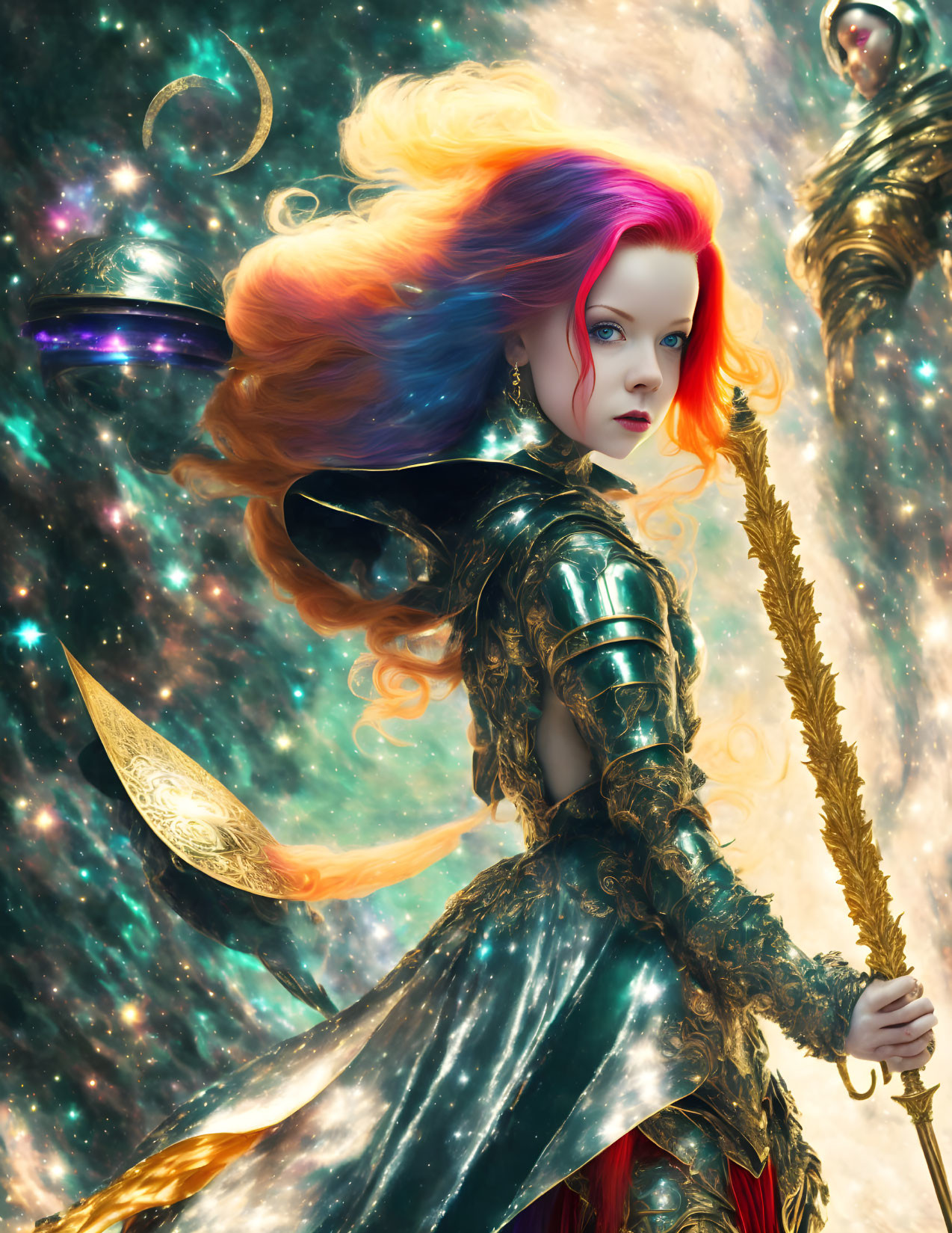 Colorful-haired woman in cosmic armor with staff on vibrant digital art