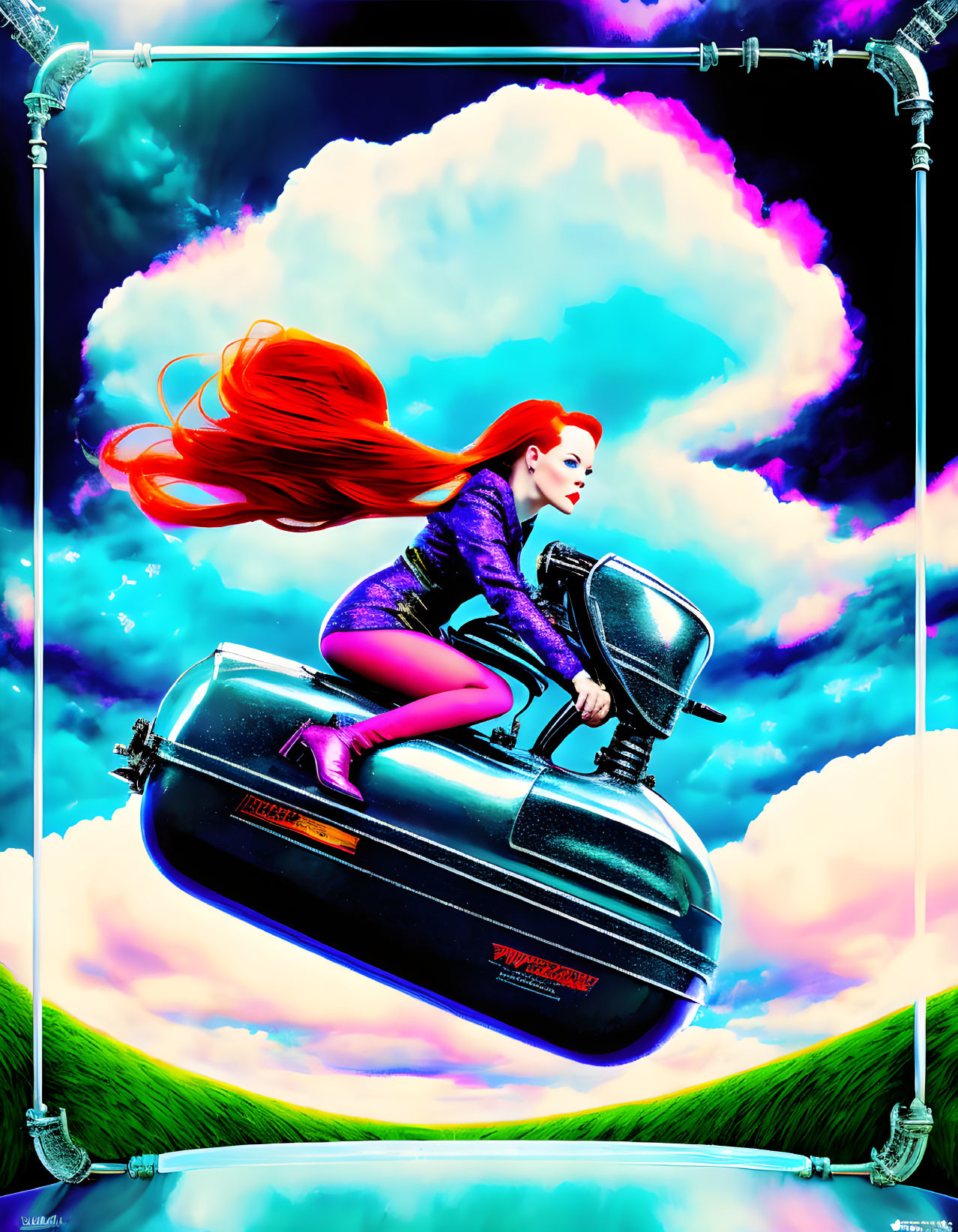 Woman with red hair on futuristic hoverbike over surreal landscape