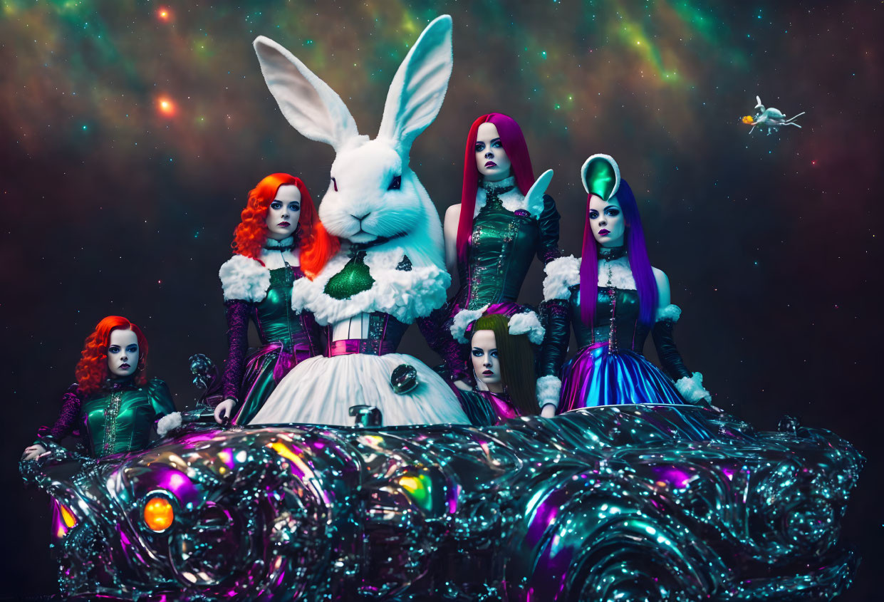 Four women with stylized makeup posing around a large rabbit figure in cosmic setting with futuristic car.