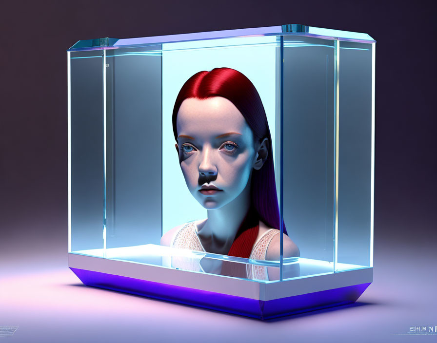 3D illustration of female figure with red hair in futuristic blue box