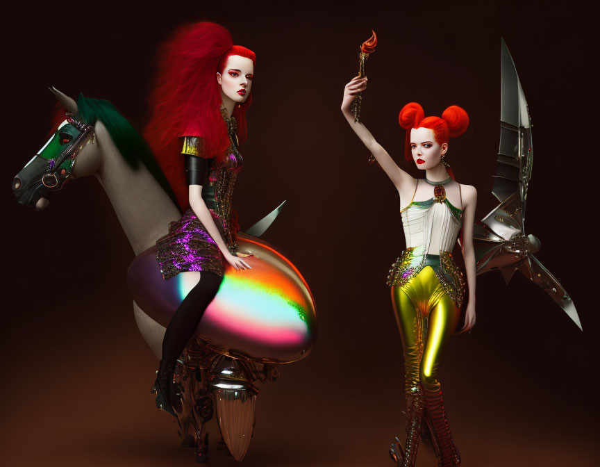 Futuristic women with vibrant hair and avant-garde outfits, torch, mechanical wing, stylized