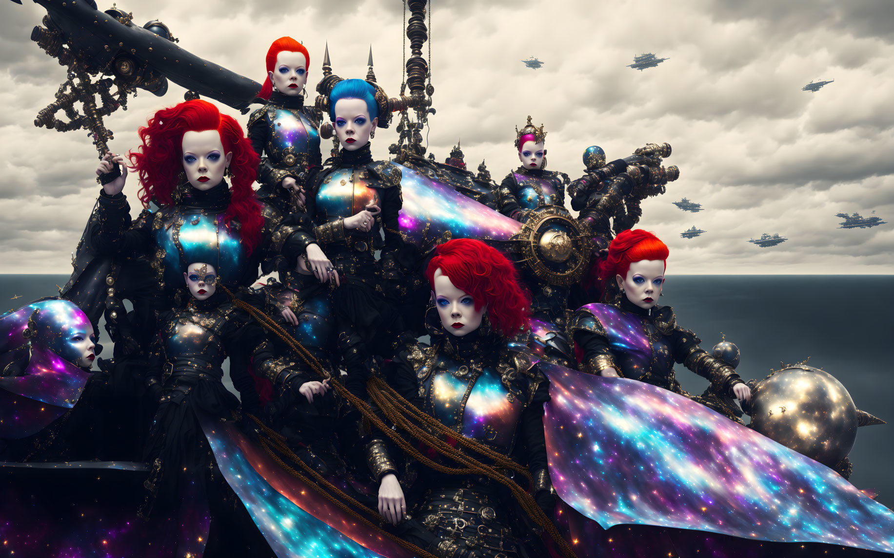 Elaborate cosmic-themed dolls on dark seascape