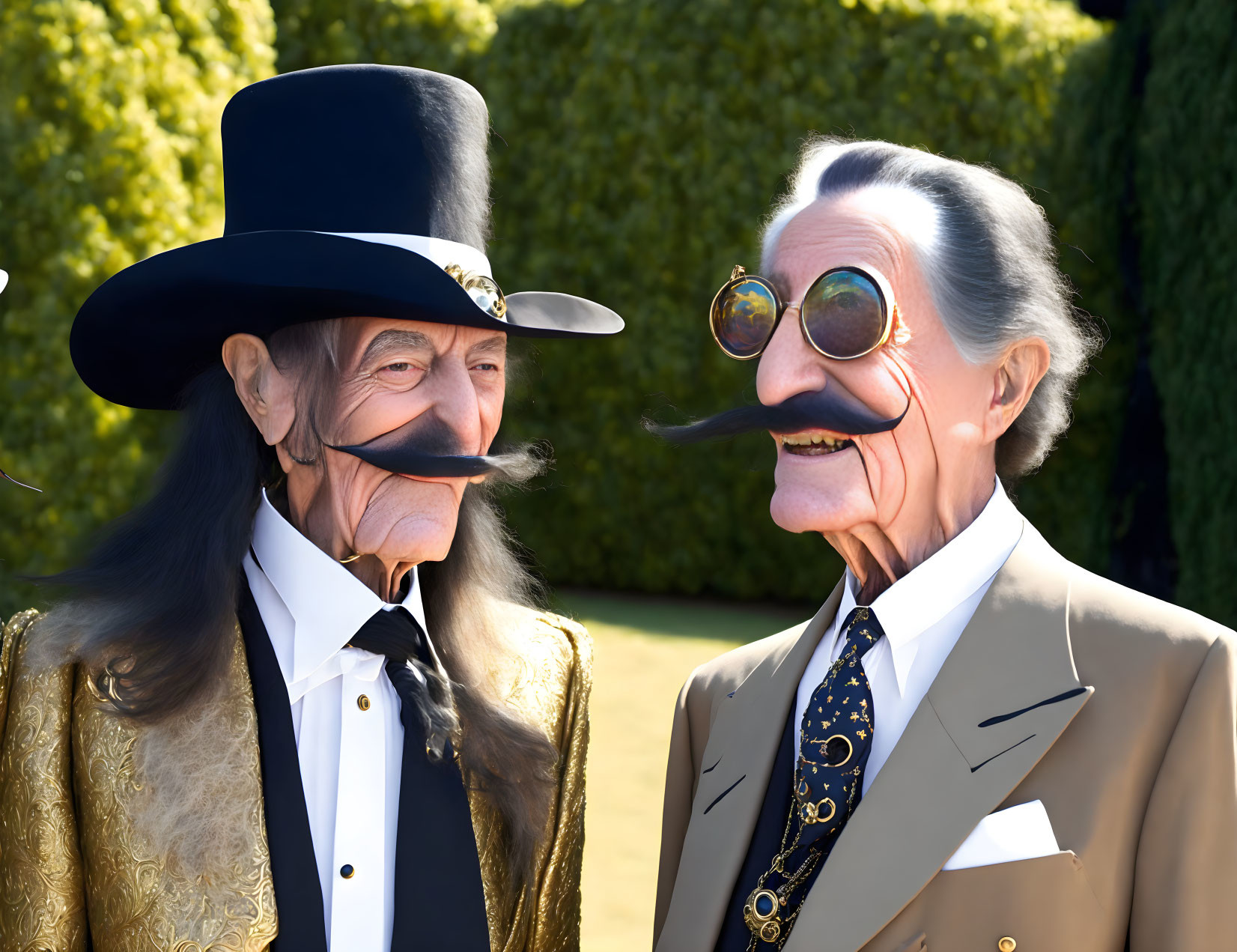 Men in suits with exaggerated mustaches and top hats outdoors with hedge.