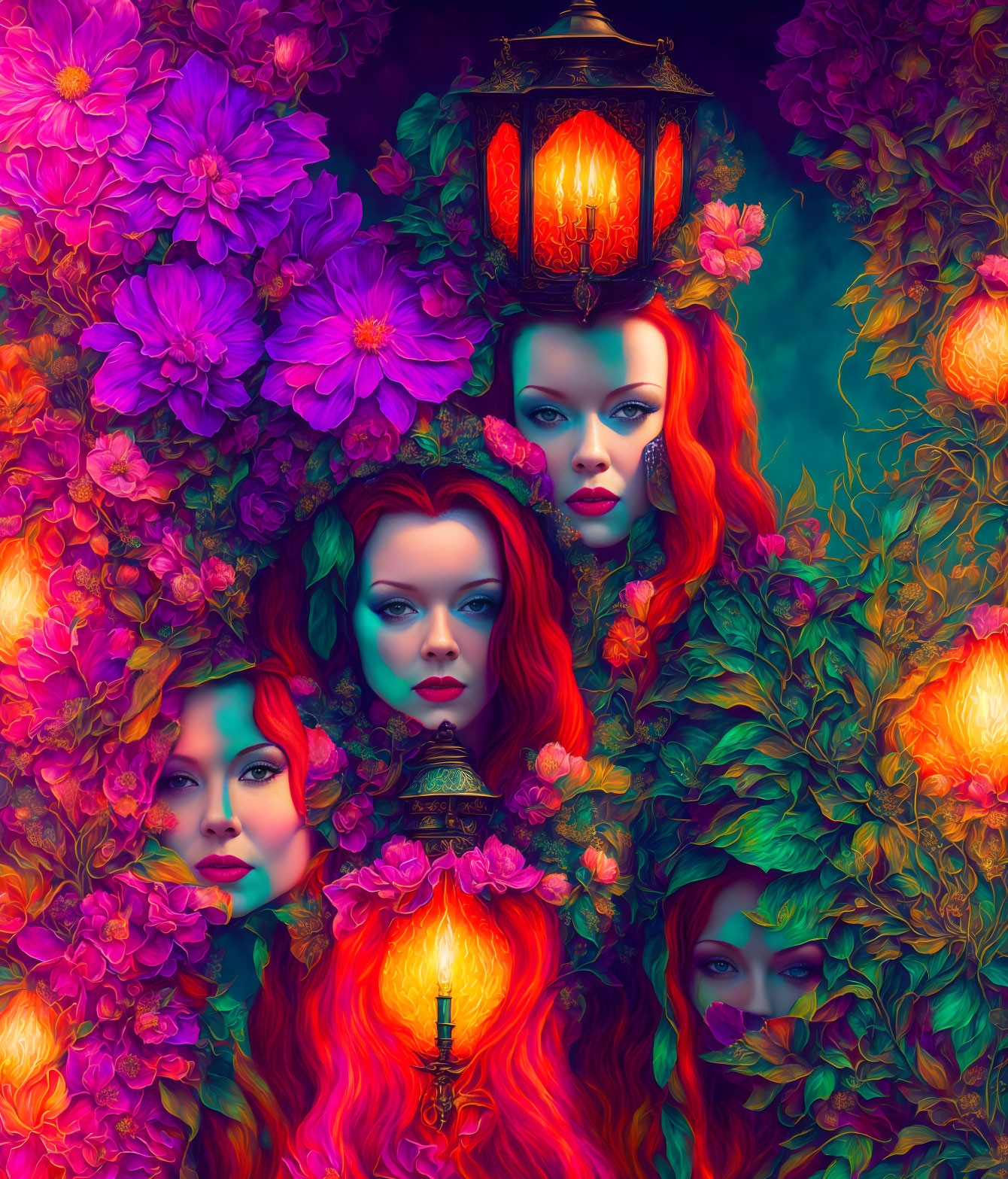 Four women with red hair in mystical floral setting