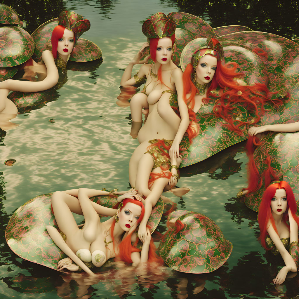 Five red-haired female figures on lily pads in serene pond landscape