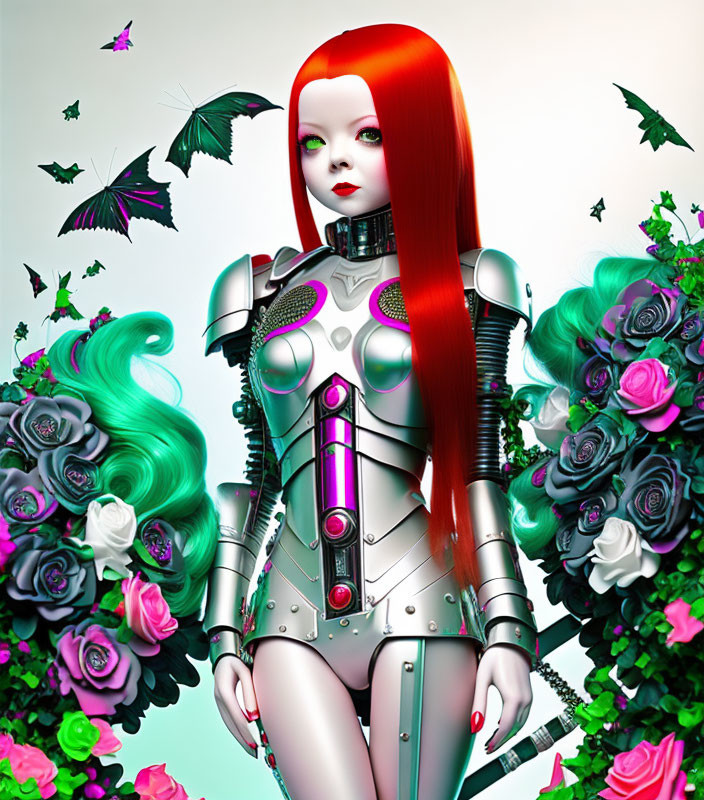 Female Android in Red Hair and Metallic Armor Surrounded by Roses and Butterflies