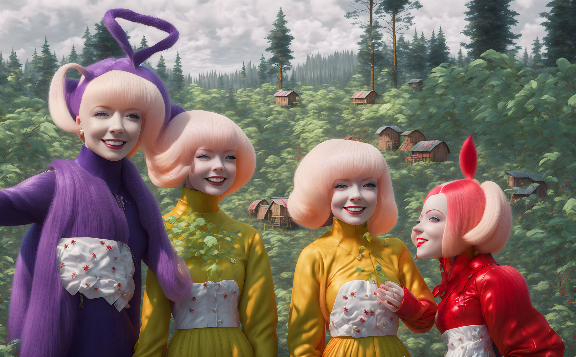 Four colorful-haired women in whimsical forest setting with small houses