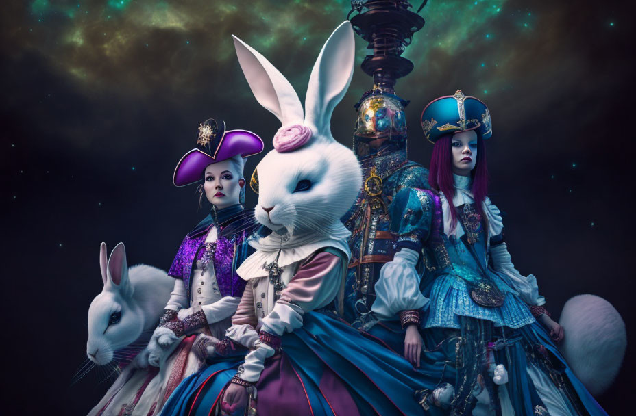 Three people in fantasy costumes with white rabbit theme against cosmic backdrop
