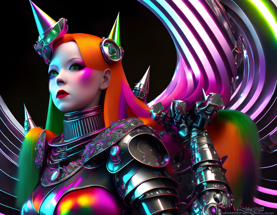 Vibrant futuristic female digital artwork with cybernetic armor