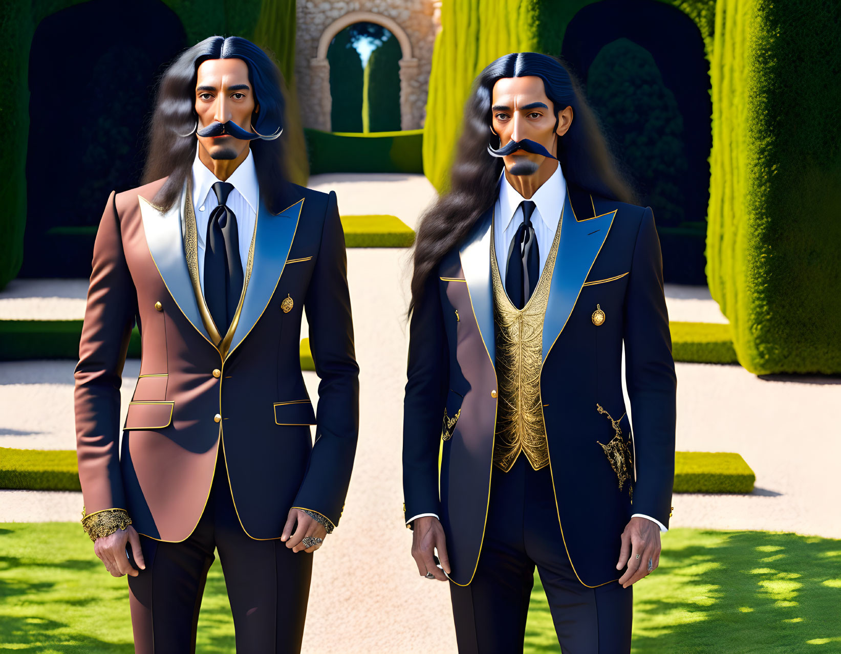 Two men with long hair and mustaches in ornate navy blue jackets in front of a hedge maze