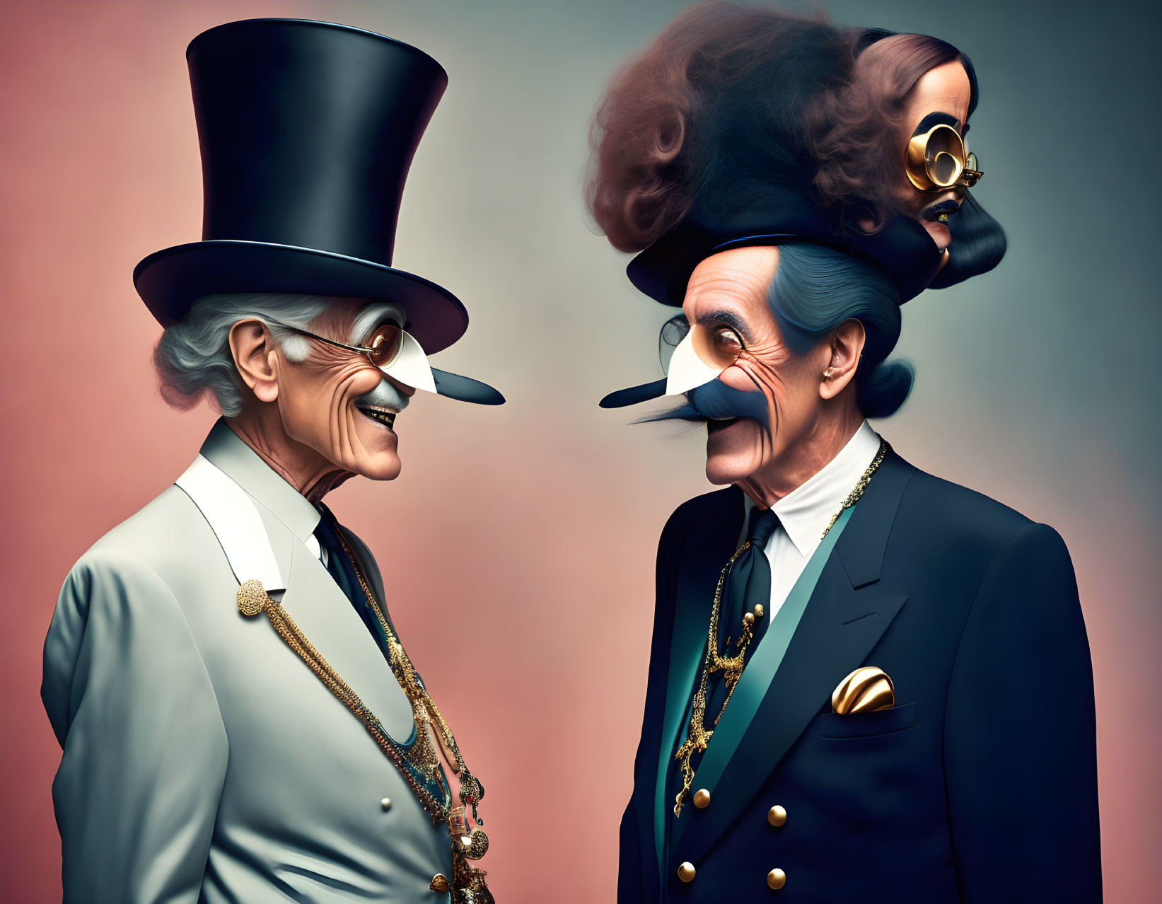 Exaggerated gentlemen with large noses and steampunk goggles.