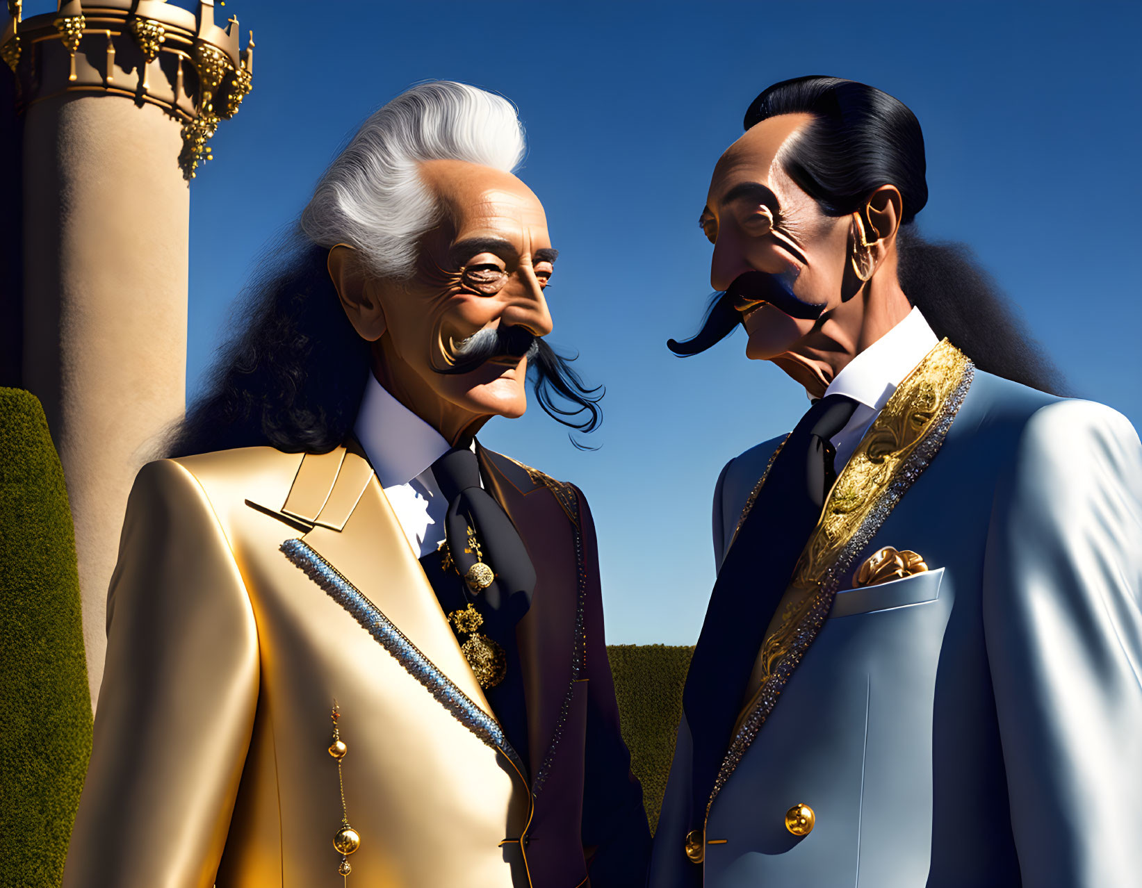 Stylized animated male figures in ornate suits in a formal garden